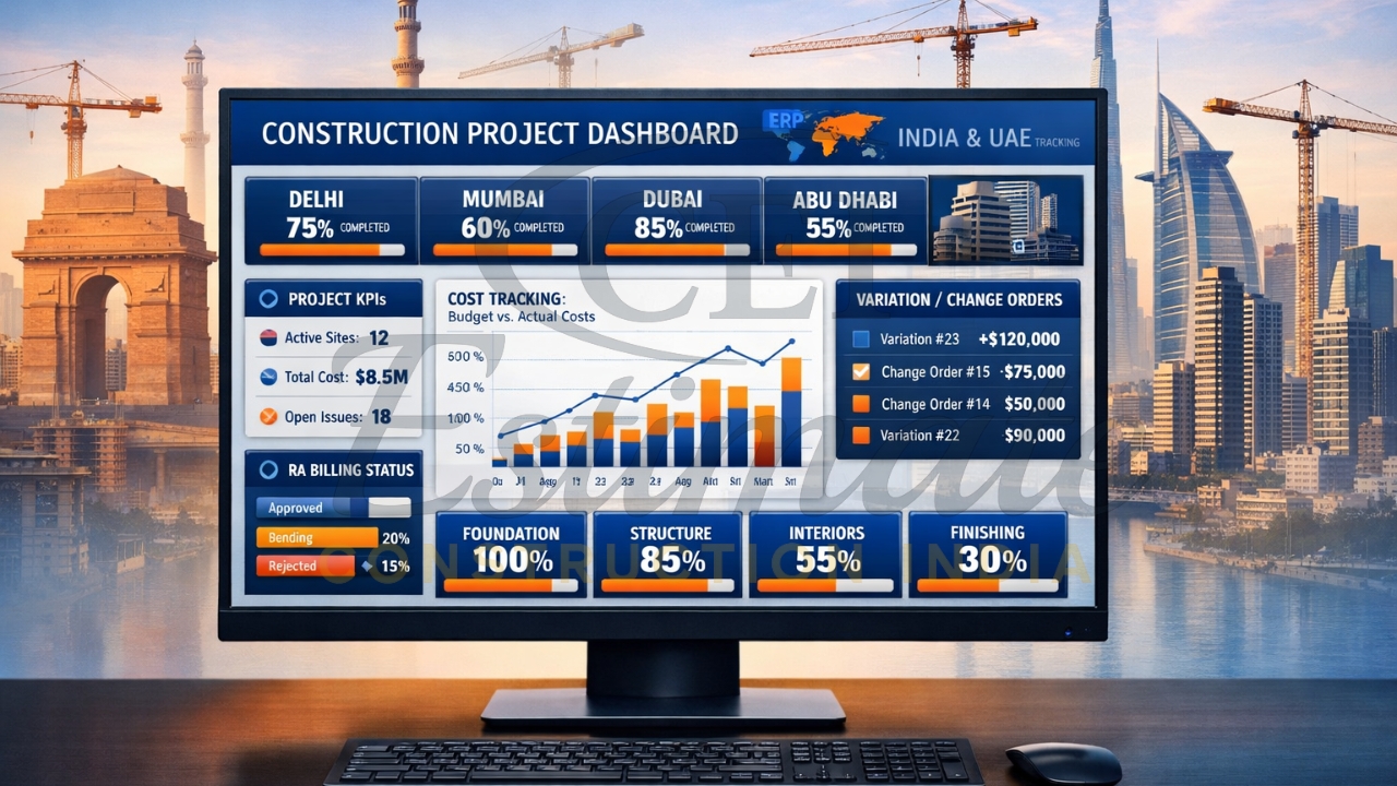 ERP software for commercial building contractors dashboard showing multi-site progress in India UAE