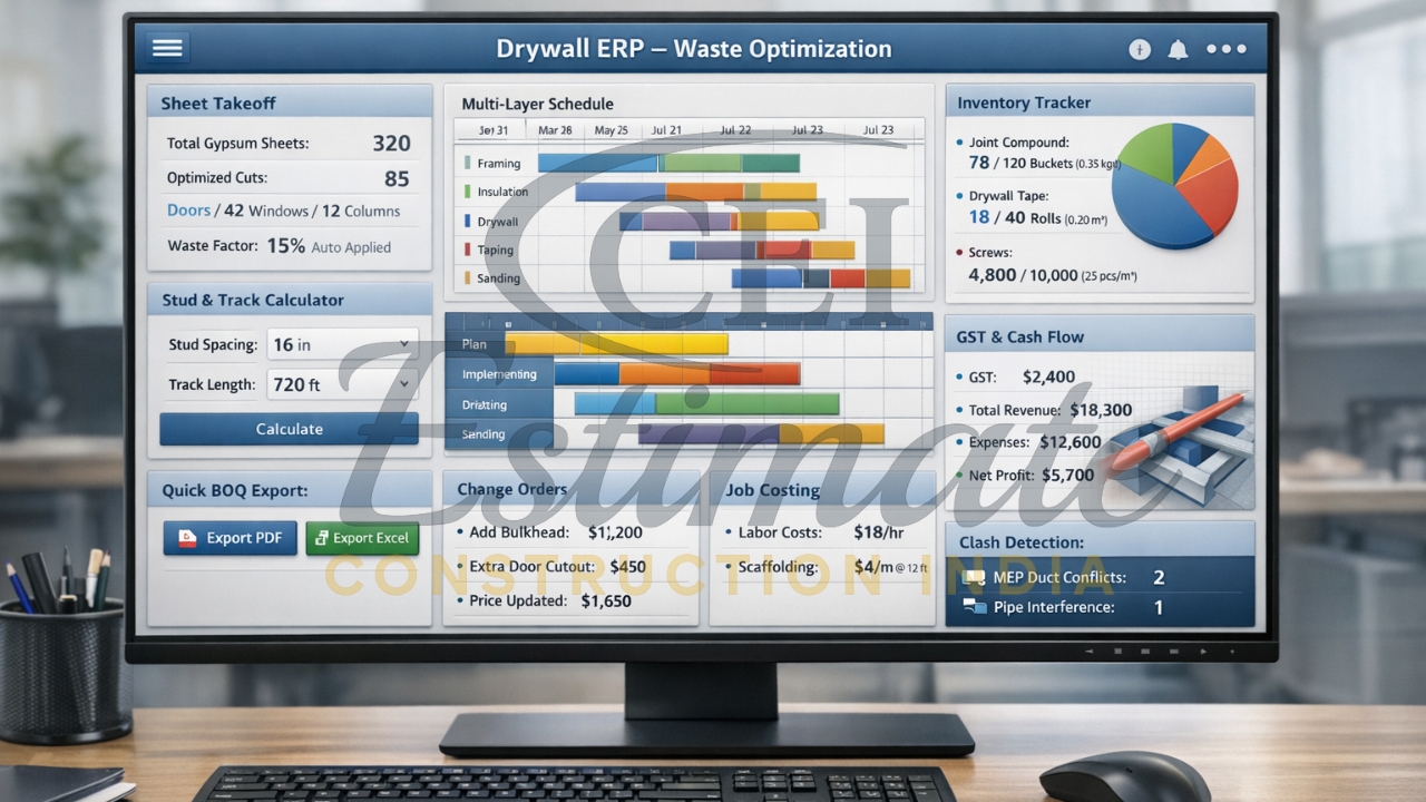 ERP dashboard for drywall waste reduction and sheet takeoff India