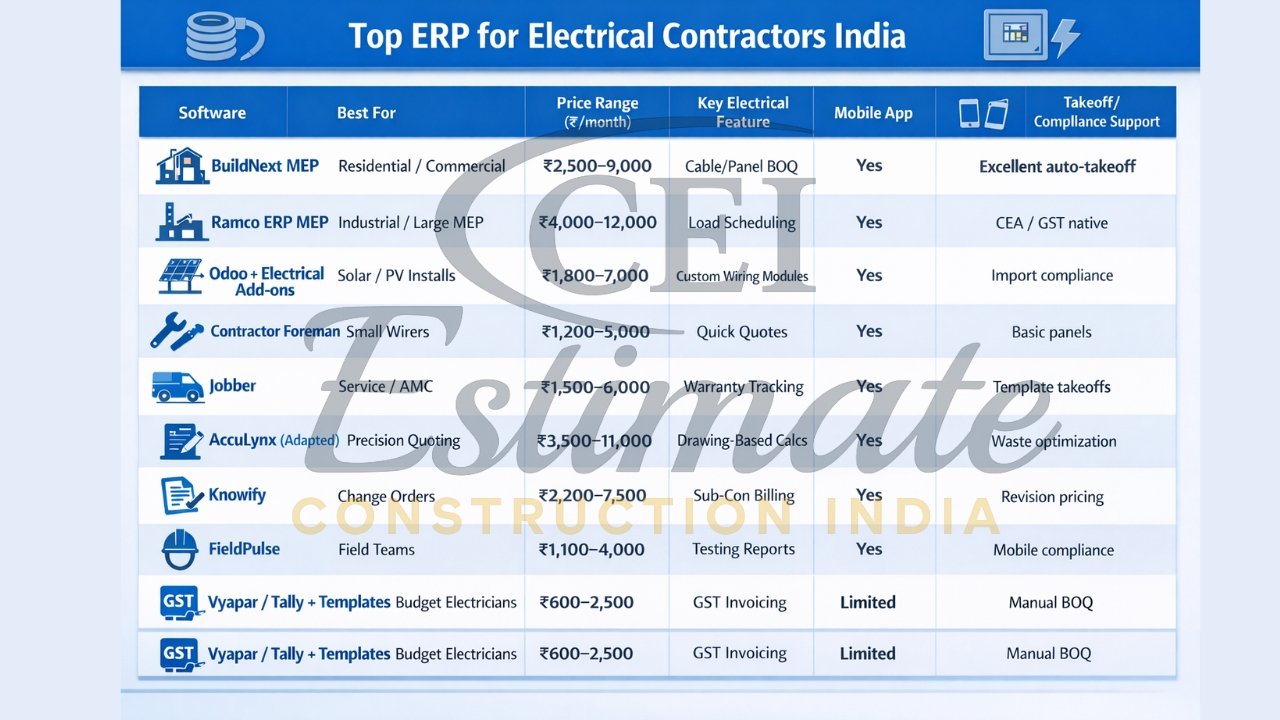 Top ERP for electrical contractors India comparison
