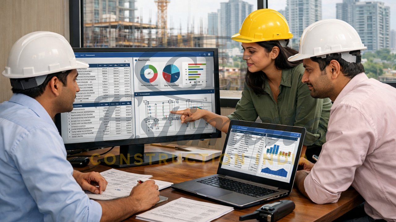 Team in Delhi NCR implementing new ERP for electrical contracting with BOQ and drawings on screen