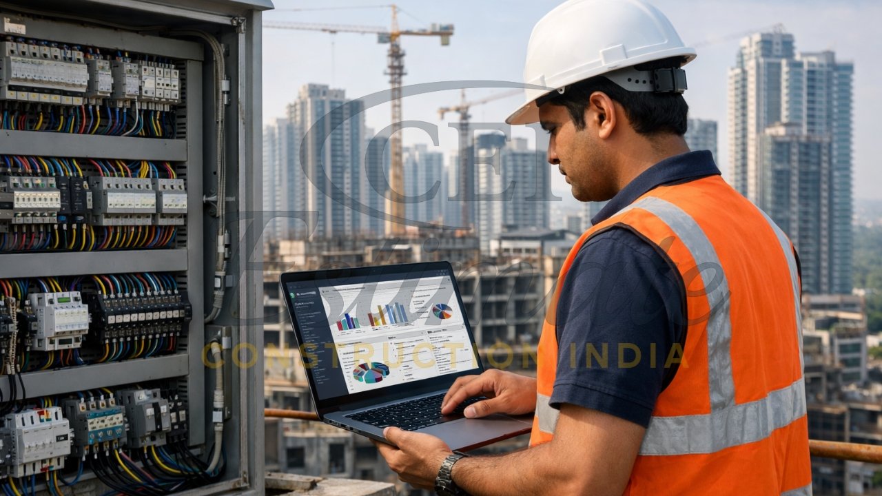 Electrical contractor in Delhi NCR reviewing cable takeoff and BOQ on a laptop integrated with ERP software