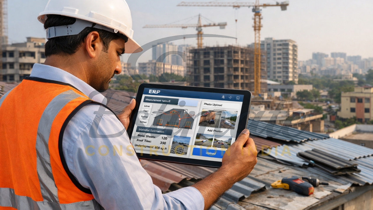 Roofing contractor in India using ERP software for on-site takeoff and photo