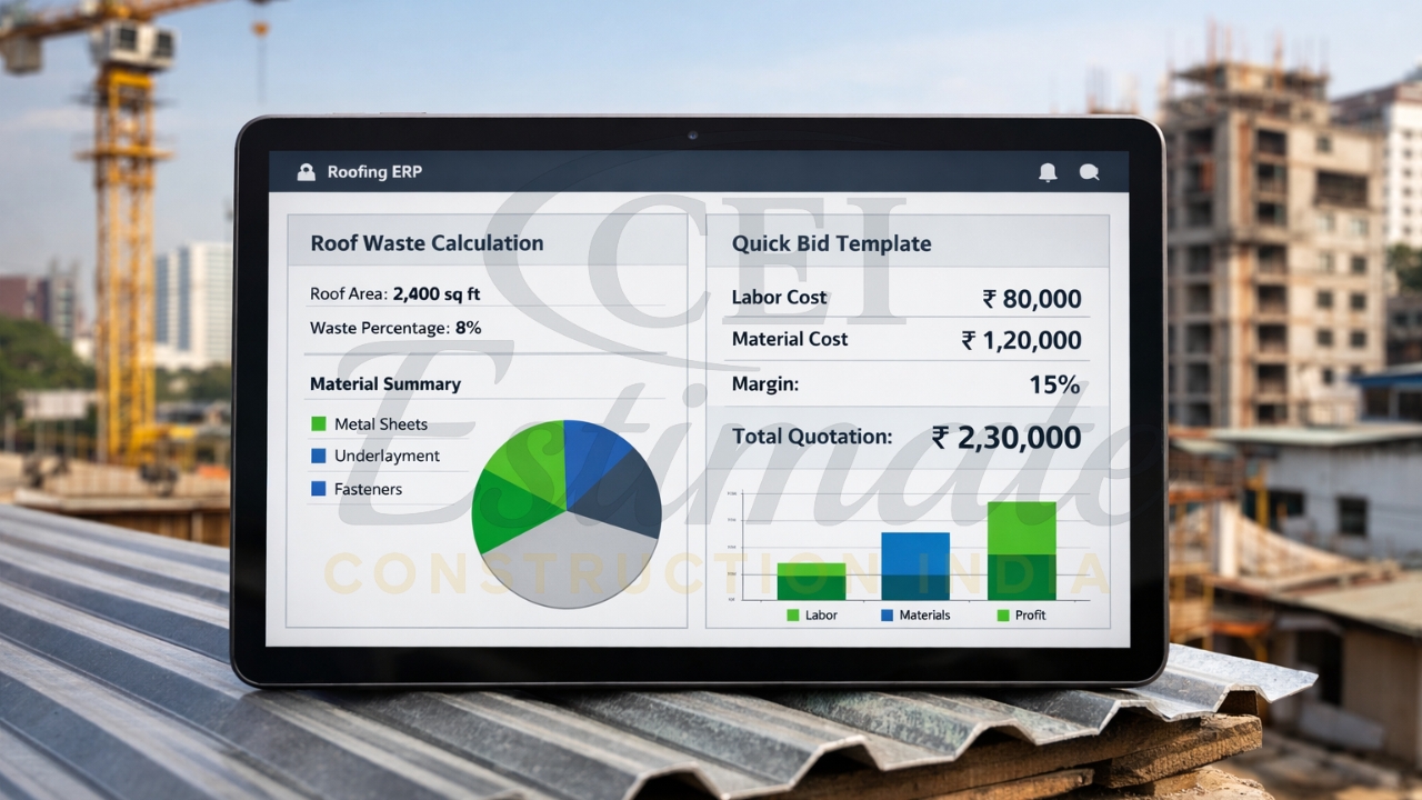 Waste calculation and quick bid features in roofing ERP software India