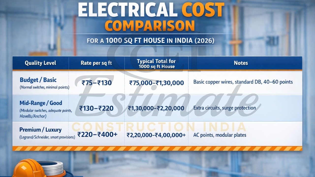 Electrical cost per sq ft chart India 2026 budget mid premium