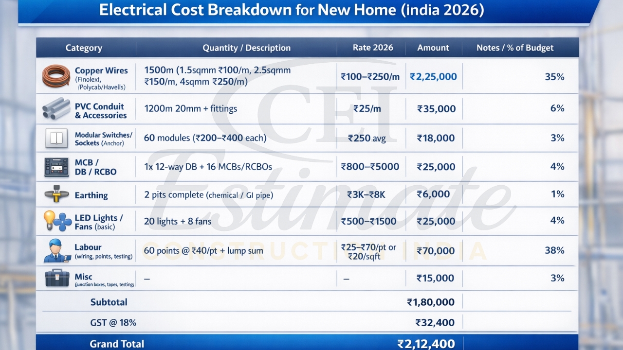 Electrical cost breakdown table for new 1000 sq ft house India 2026