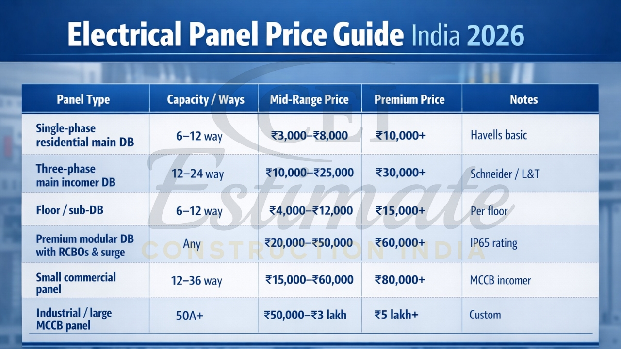 Electrical panel cost table Delhi NCR North India 2026