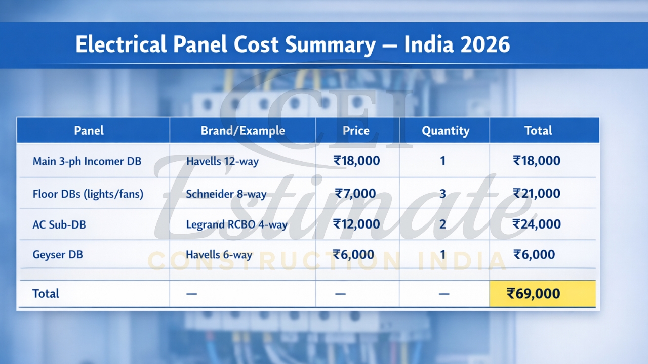 1000-1500 sq ft house electrical panel BOQ cost India 2026