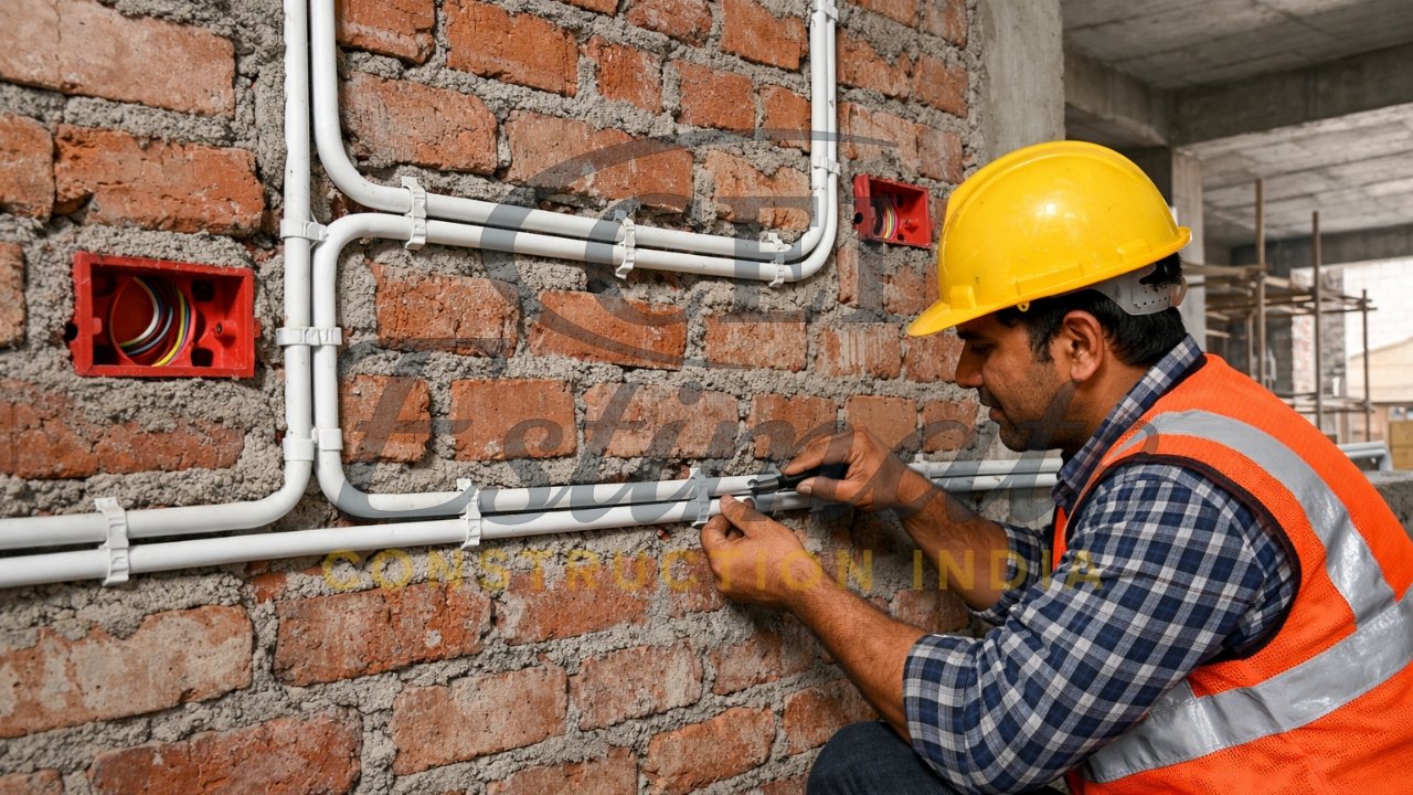 Concealed PVC conduit electrical wiring during house construction in Delhi NCR