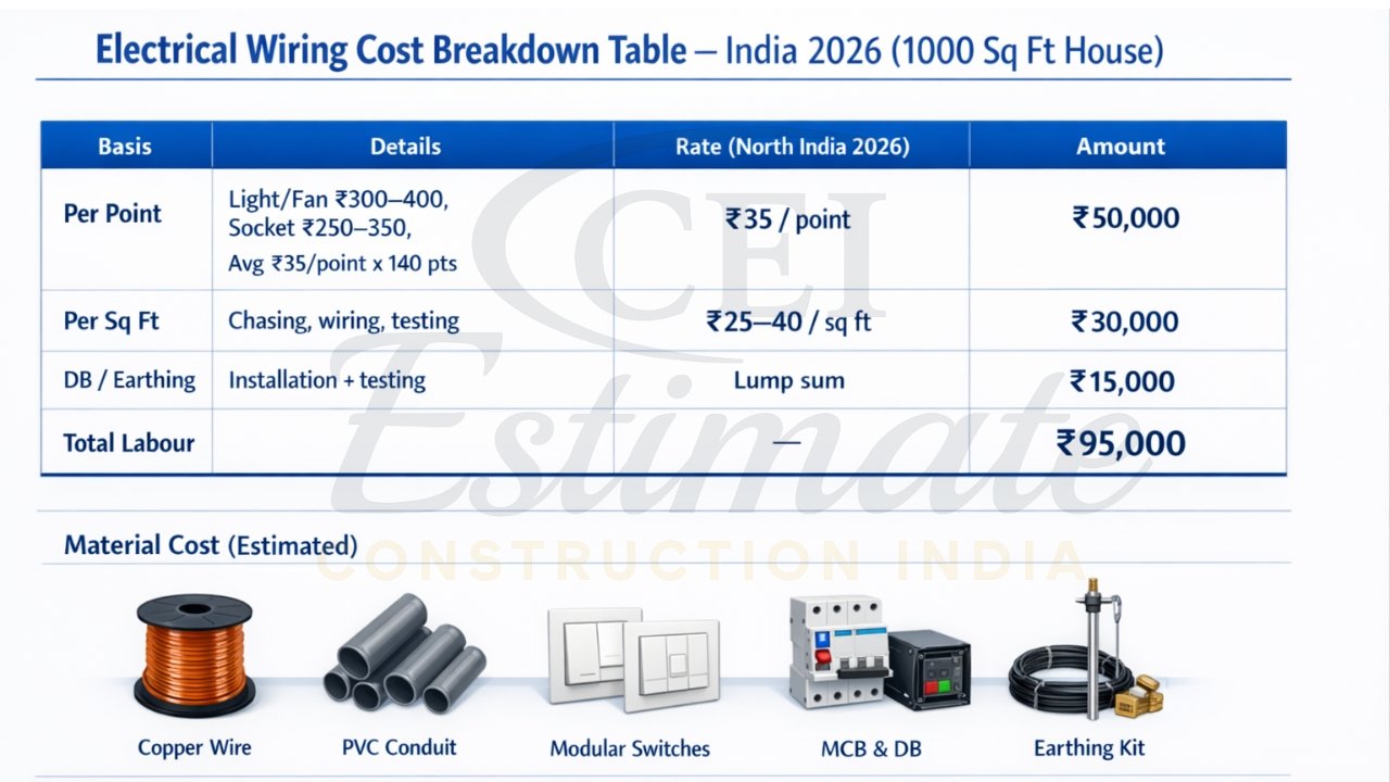 Detailed material and labour cost table for 1000 sq ft house electrical wiring