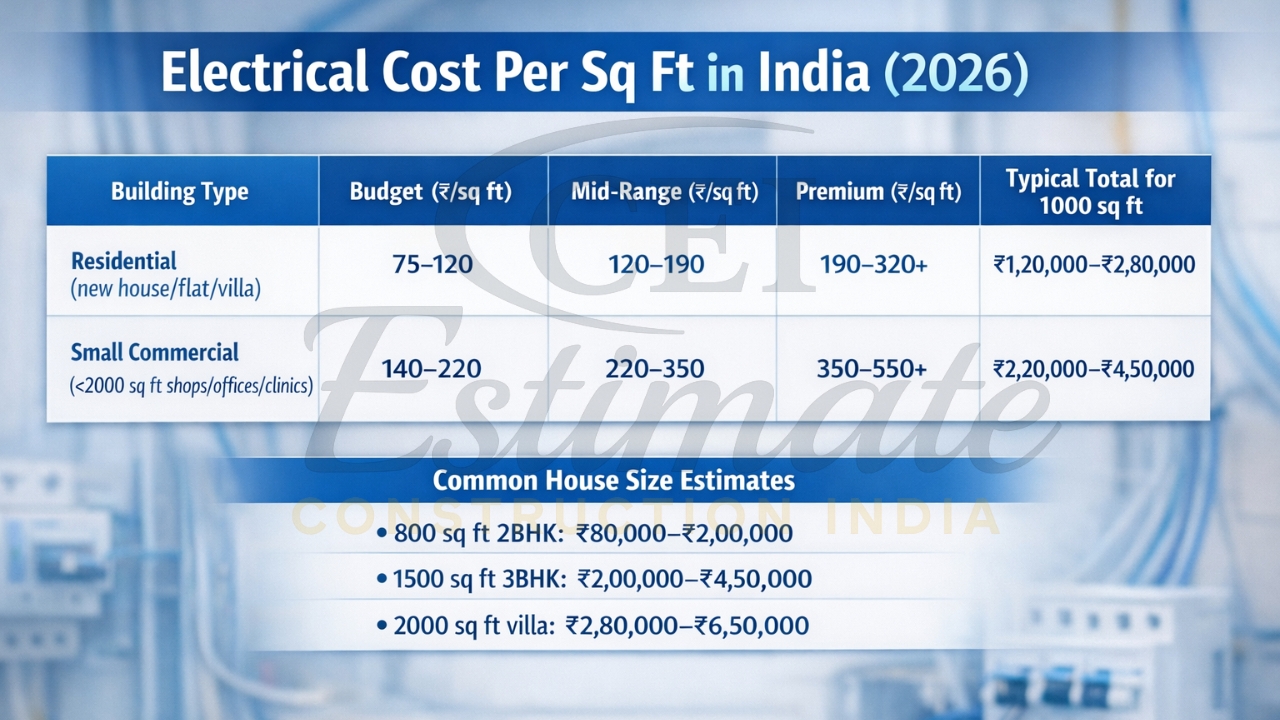 Electrical cost per sq ft comparison table residential vs commercial India 2026