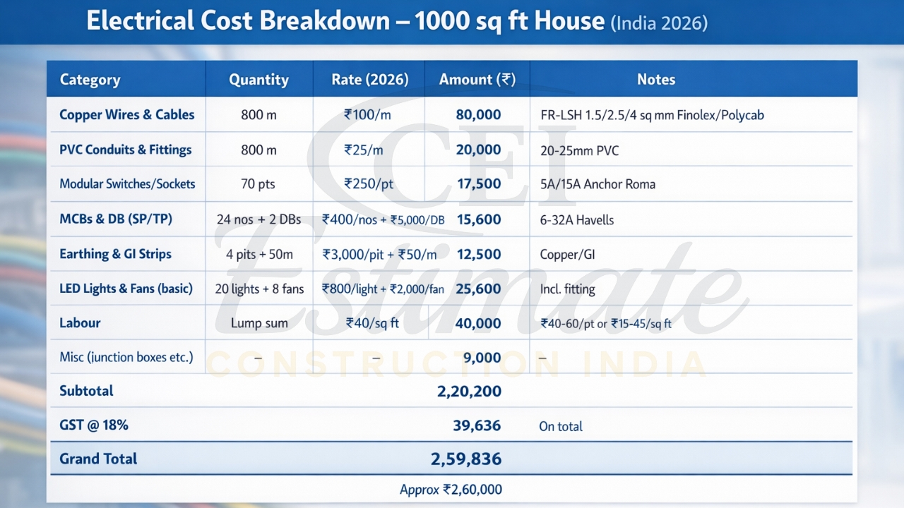 Detailed electrical cost breakdown table for 1000 sq ft mid-range house India 2026