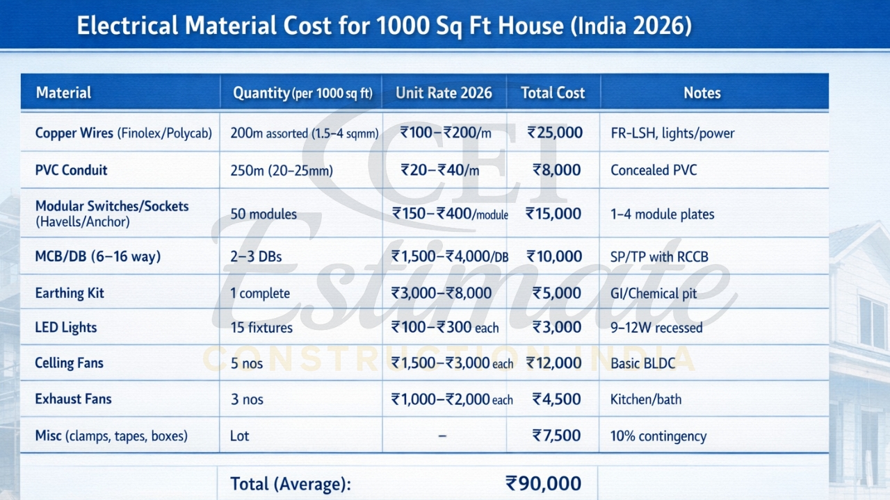 Detailed electrical material cost breakdown 1000 sq ft house India 2026