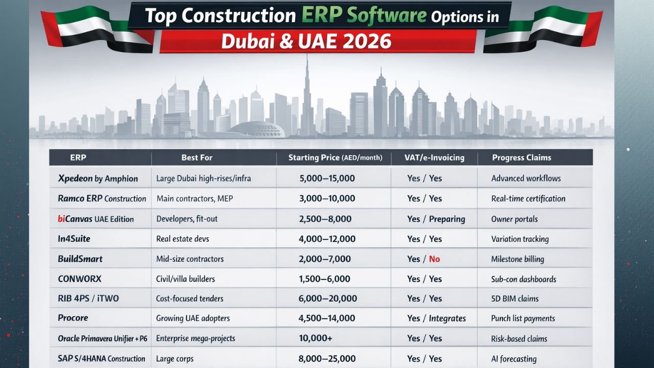 Top construction ERP comparison table for UAE 2026