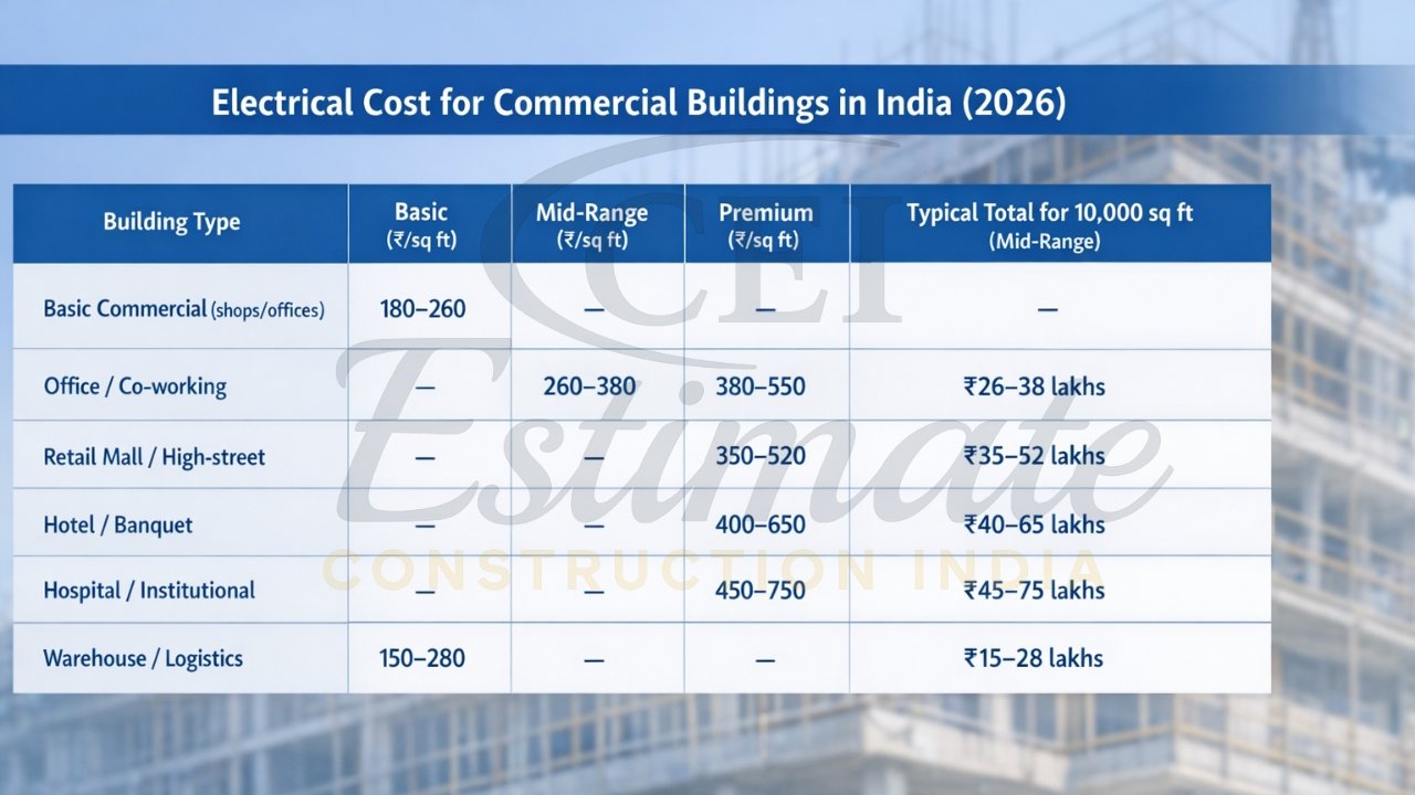 Per sq ft electrical cost comparison chart for commercial buildings Delhi NCR India 2026