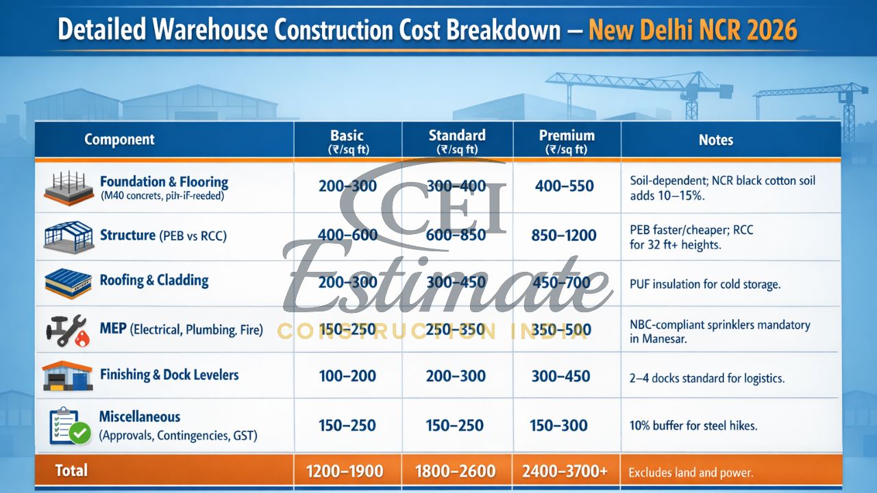 detailed warehouse construction cost breakdown per sq ft New Delhi NCR 2026