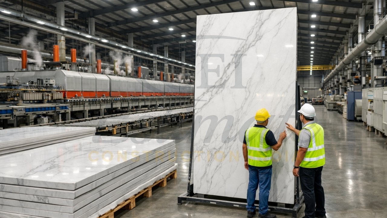 Morbi factory producing 1600×3200 mm large-format porcelain slabs with marble-look finish