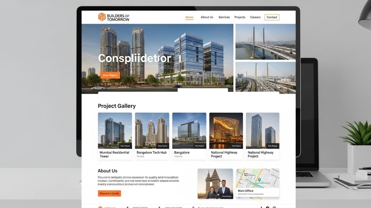 construction company website design India homepage with drone project gallery and quote CTA