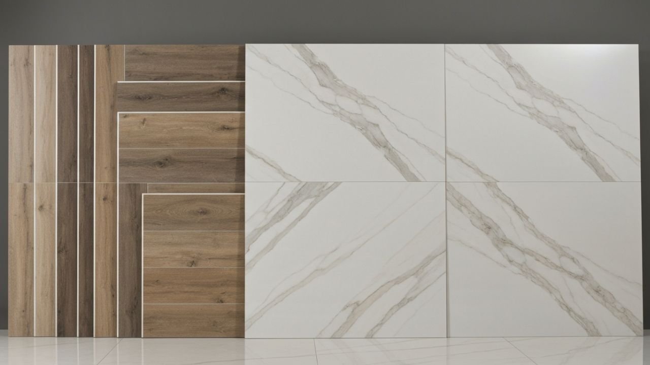 Popular porcelain tile types exported from India to Dubai: large slabs, wood-look, marble-look