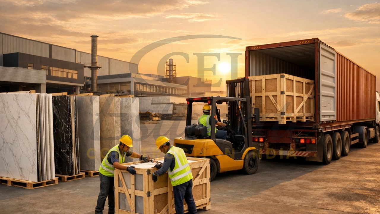 Premium large format porcelain slabs ready for export from India Morbi