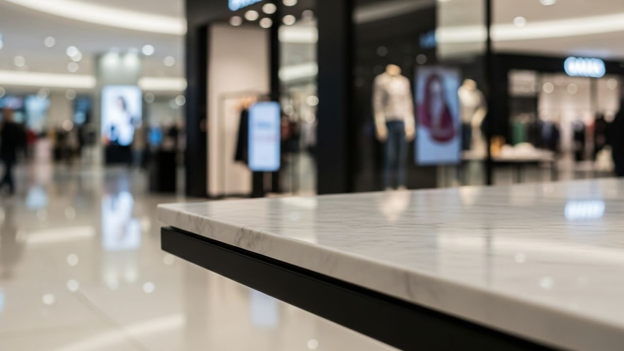 Honed Wonder White marble in Indian mall retail flooring – slip-resistant