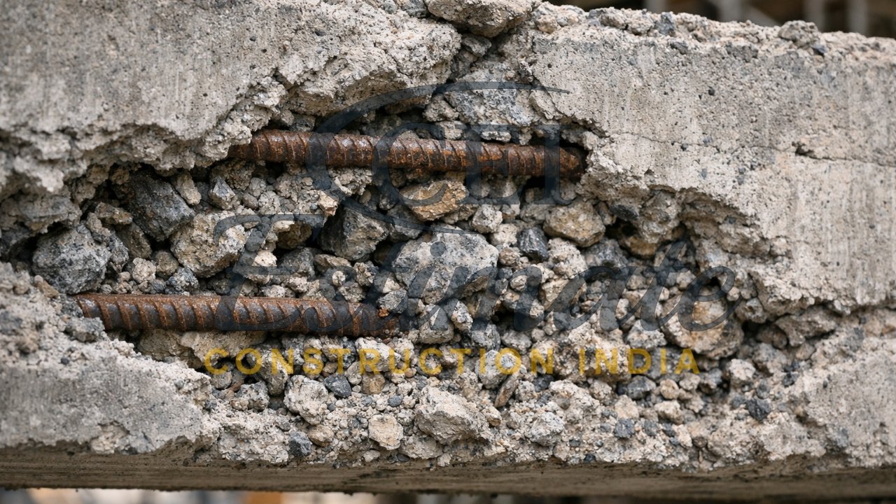 Close-up of honeycomb in concrete beam showing gaps between coarse aggregates and missing cement mortar
