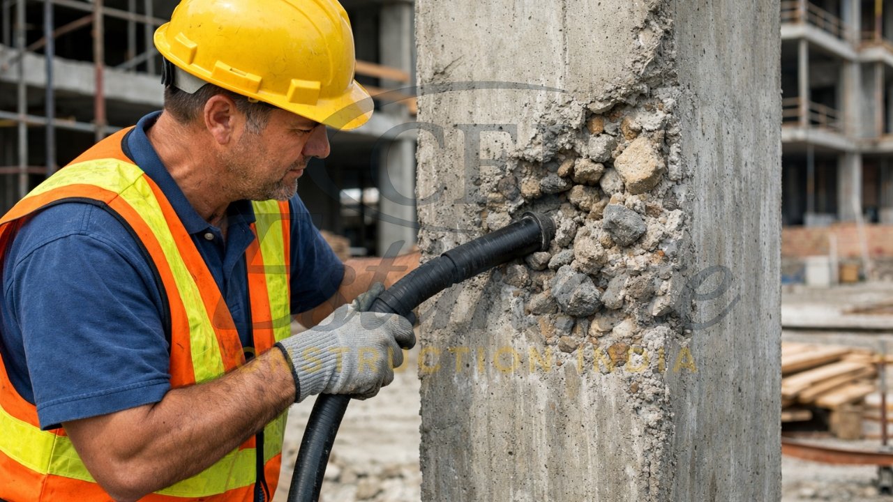 Construction worker using needle vibrator incorrectly causing honeycomb defect in concrete column