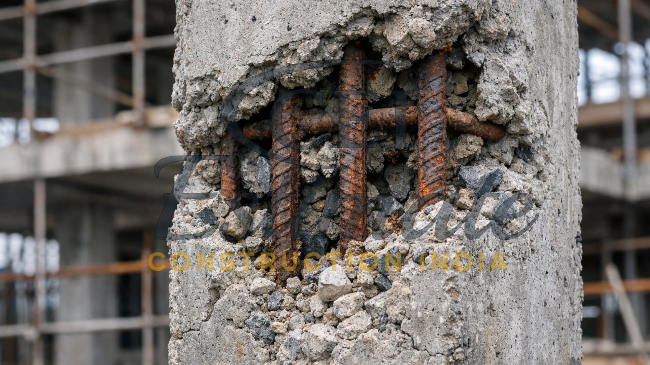 Corroded reinforcement steel bar exposed through honeycomb defect in concrete showing rust damage