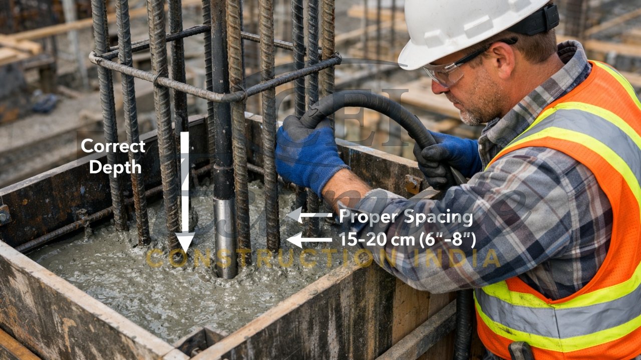 Proper concrete vibration technique using needle vibrator showing correct insertion depth and spacing for honeycomb prevention