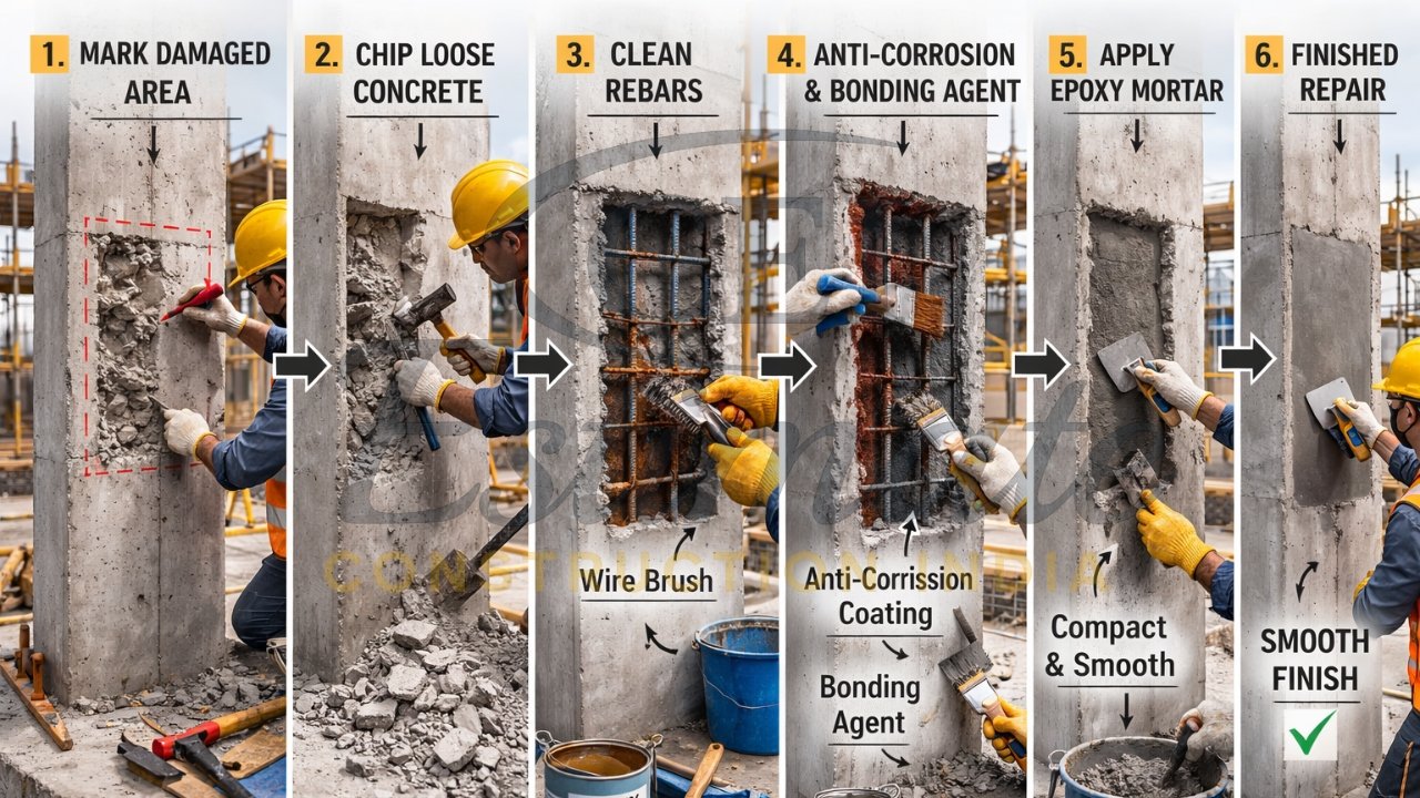 Step-by-step honeycomb repair showing chipping damaged concrete and applying epoxy mortar to RCC column