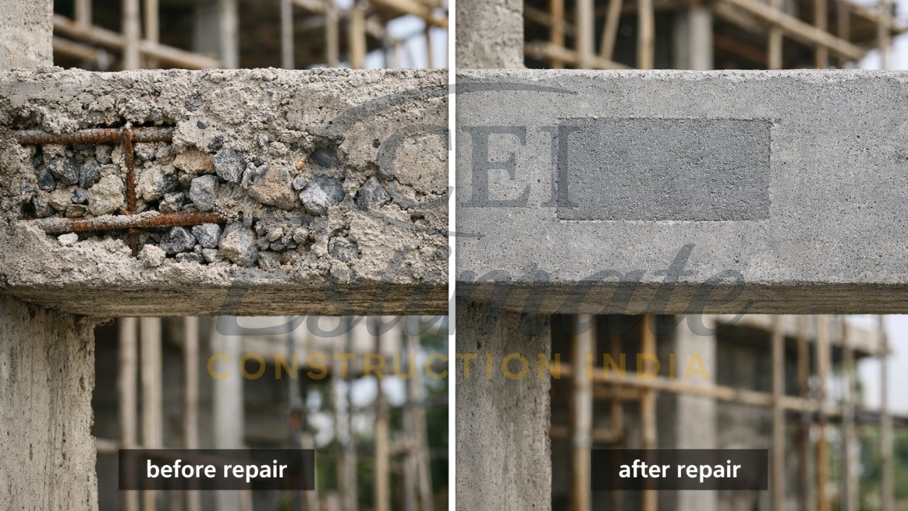 Before and after honeycomb repair in RCC beam showing restored smooth concrete surface India construction