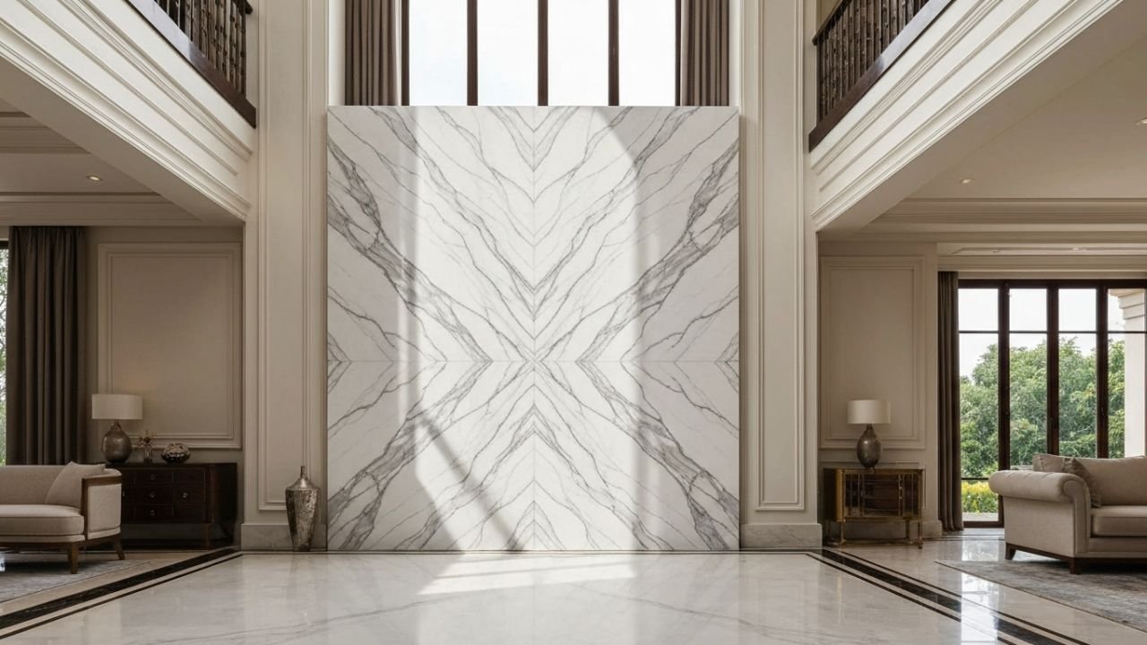Authentic Statuario Italian marble feature wall in Gurgaon luxury home by Construction Estimator India