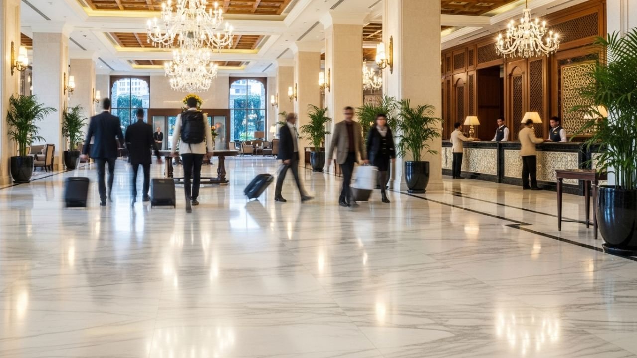 Makrana white marble flooring in commercial hotel lobby India – durable for high footfall