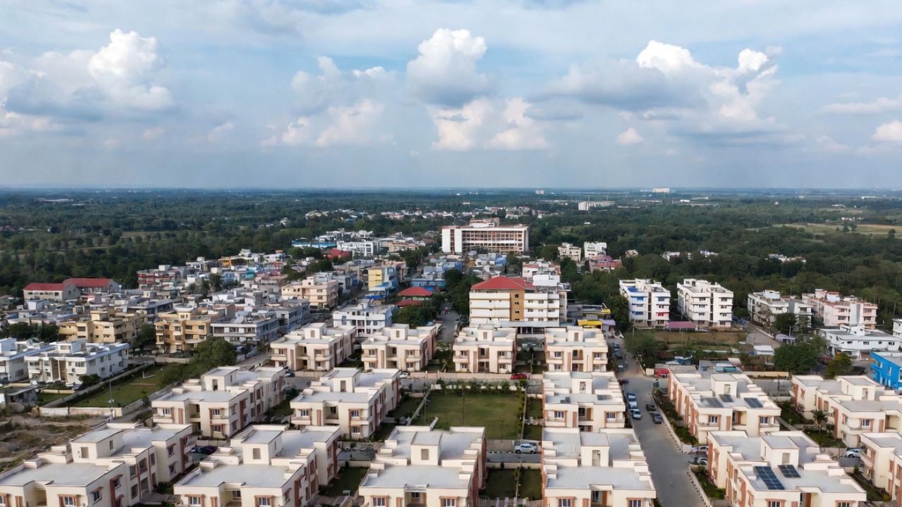 A scenic view of Rudrapur city with modern 3BHK houses and green surroundings.