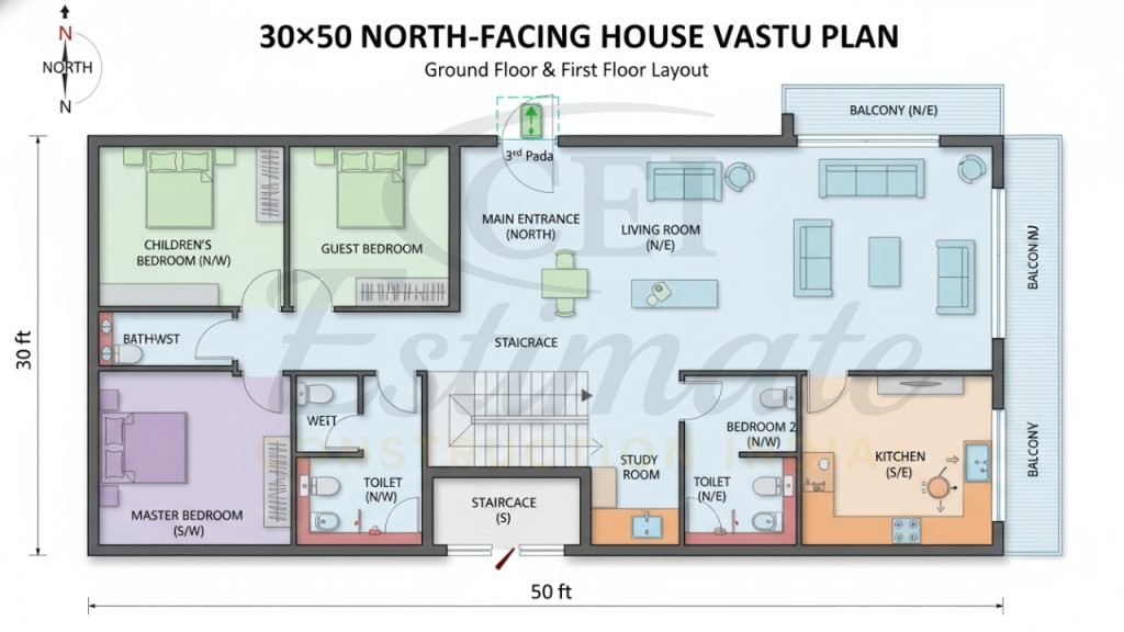 30×50 North Facing House Vastu Plan