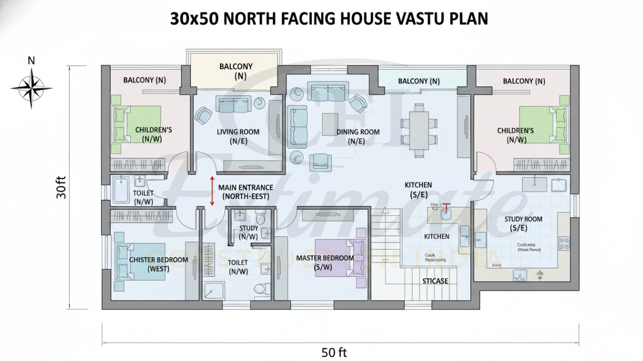 30×50 North Facing House Vastu Plan 