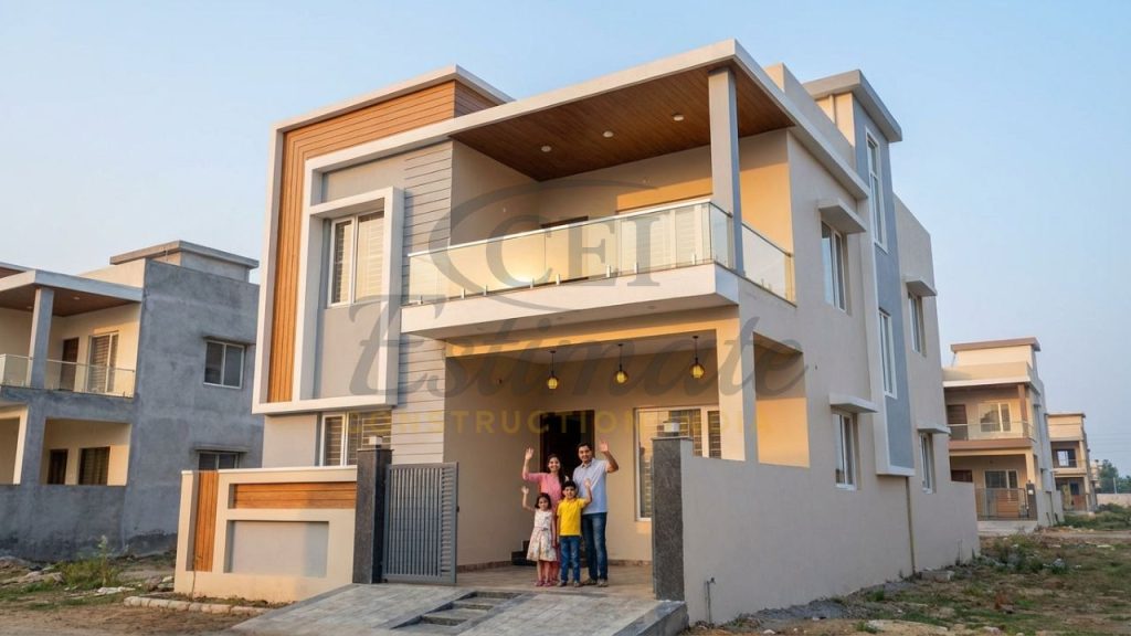 Modern 3BHK independent house construction in India 2026 showing standard quality finish.