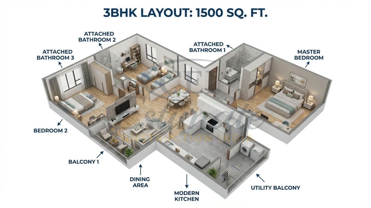 3D isometric floor plan of a 1500 sq. ft. 3BHK house showing room layout and space optimization.