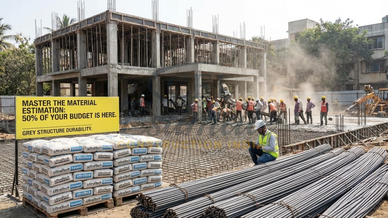 Grey structure construction of a 3BHK house showing RCC framework and material storage.