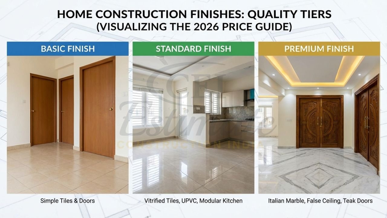 Comparison of Basic, Standard, and Premium material finishes for a 3BHK house in India.