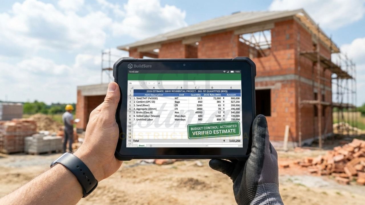 Professional 3BHK construction cost estimate and material takeoff on a tablet.