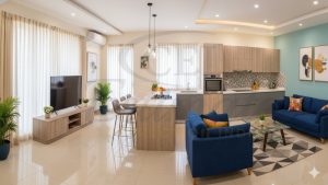 Fully furnished 3BHK home in Rudrapur with modular kitchen, spacious living area, and garden