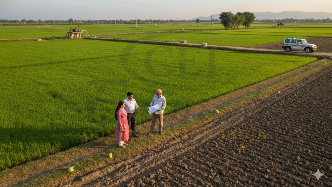 Agricultural land for sale in Khatima with green fields, road access, and irrigation facilities