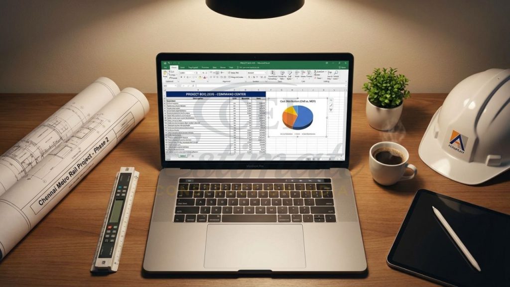 Professional BOQ format in Excel for Indian construction showing automated formulas and cost summary.