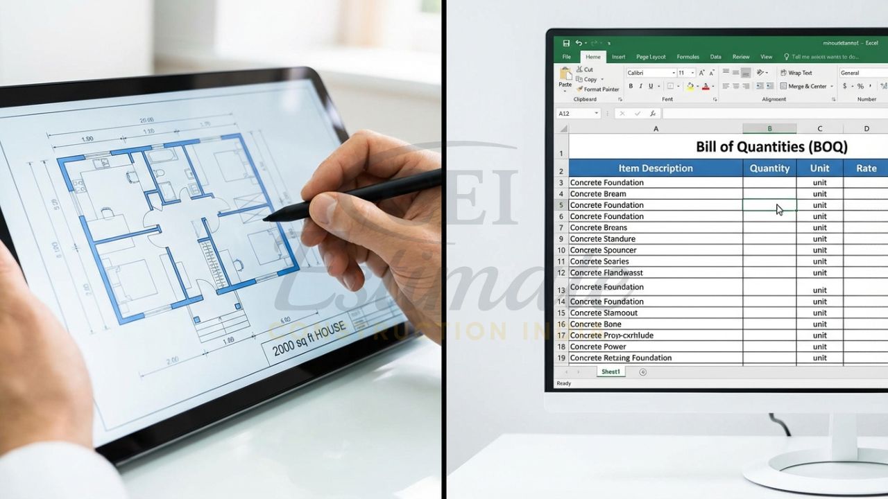 Quantity takeoff process from architectural drawings to a construction BOQ Excel sheet.