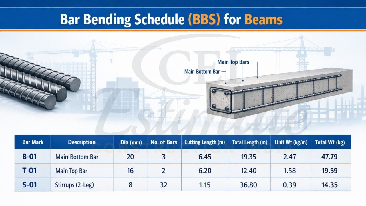 Sample bar bending schedule format India for RCC beam