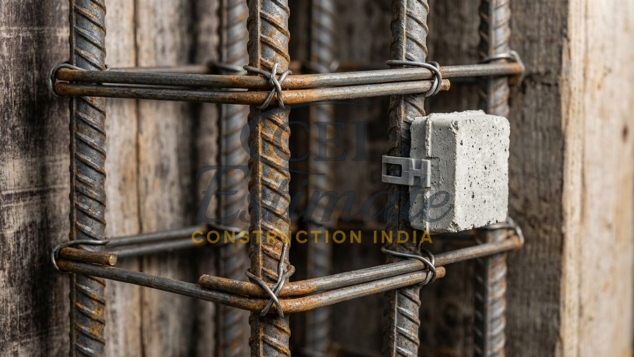 Close-up of TMT steel reinforcement (rebar) and stirrups with concrete cover blocks.