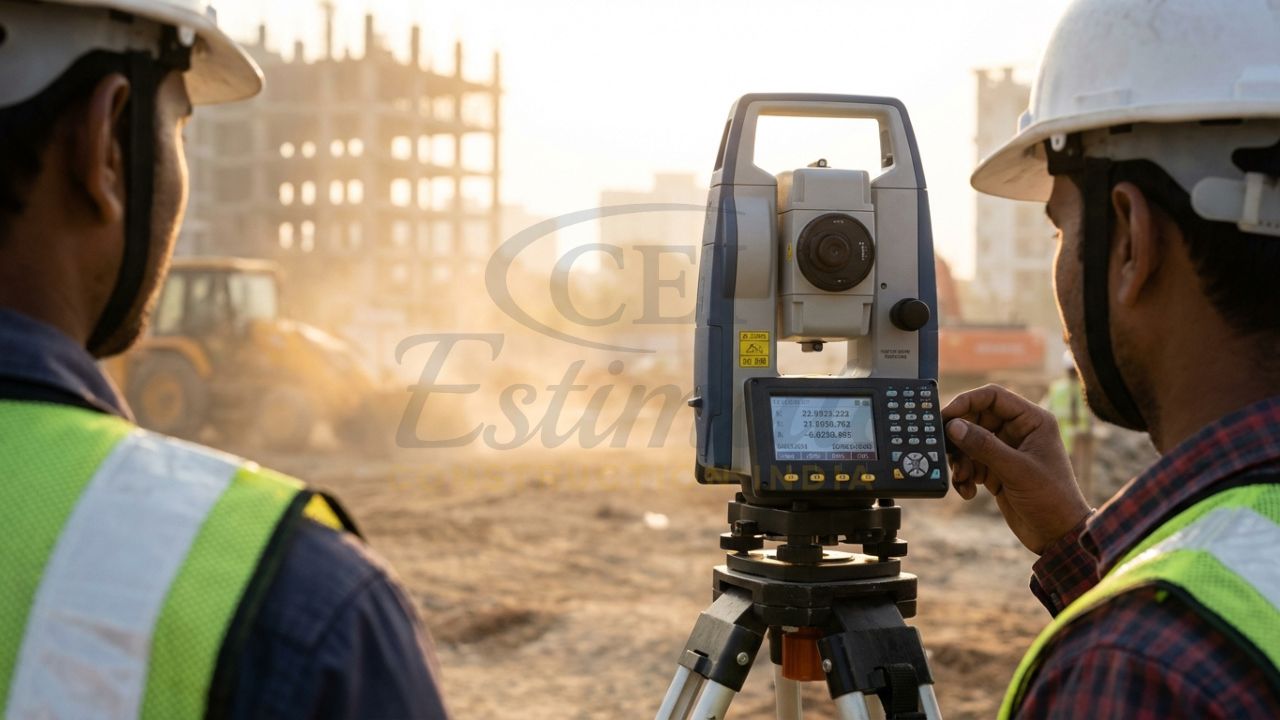 Professional surveyor using a Total Station for leveling and coordinates on an Indian site.