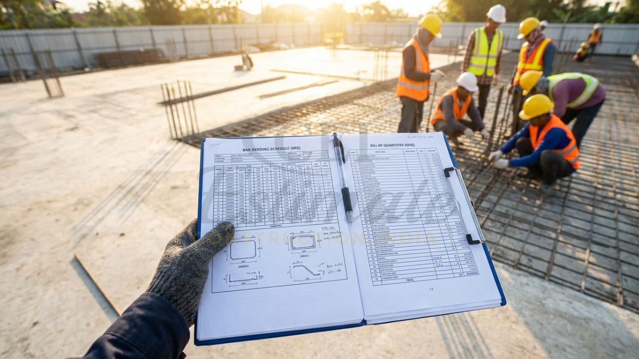 Construction Bar Bending Schedule (BBS) and BOQ documents used for site management.