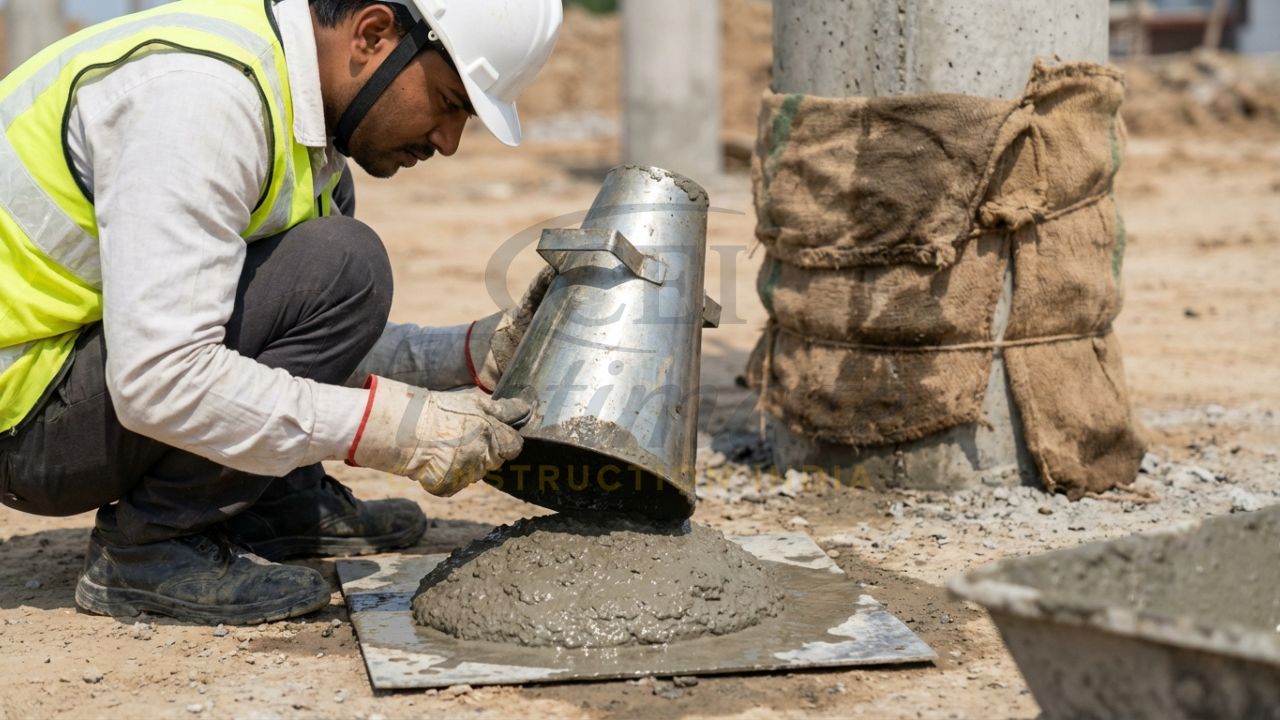Civil engineer performing a concrete slump test to check workability on-site.