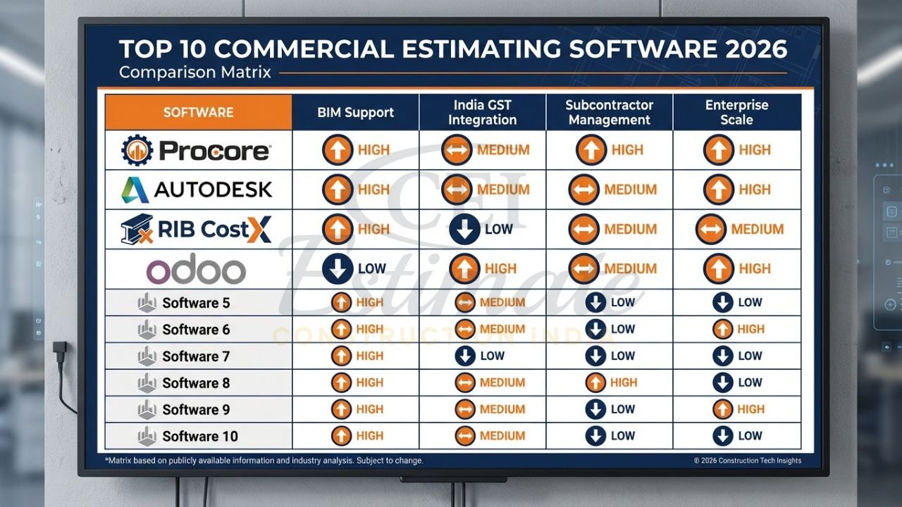 Comparison chart of top 10 commercial construction estimating software including Procore and Autodesk